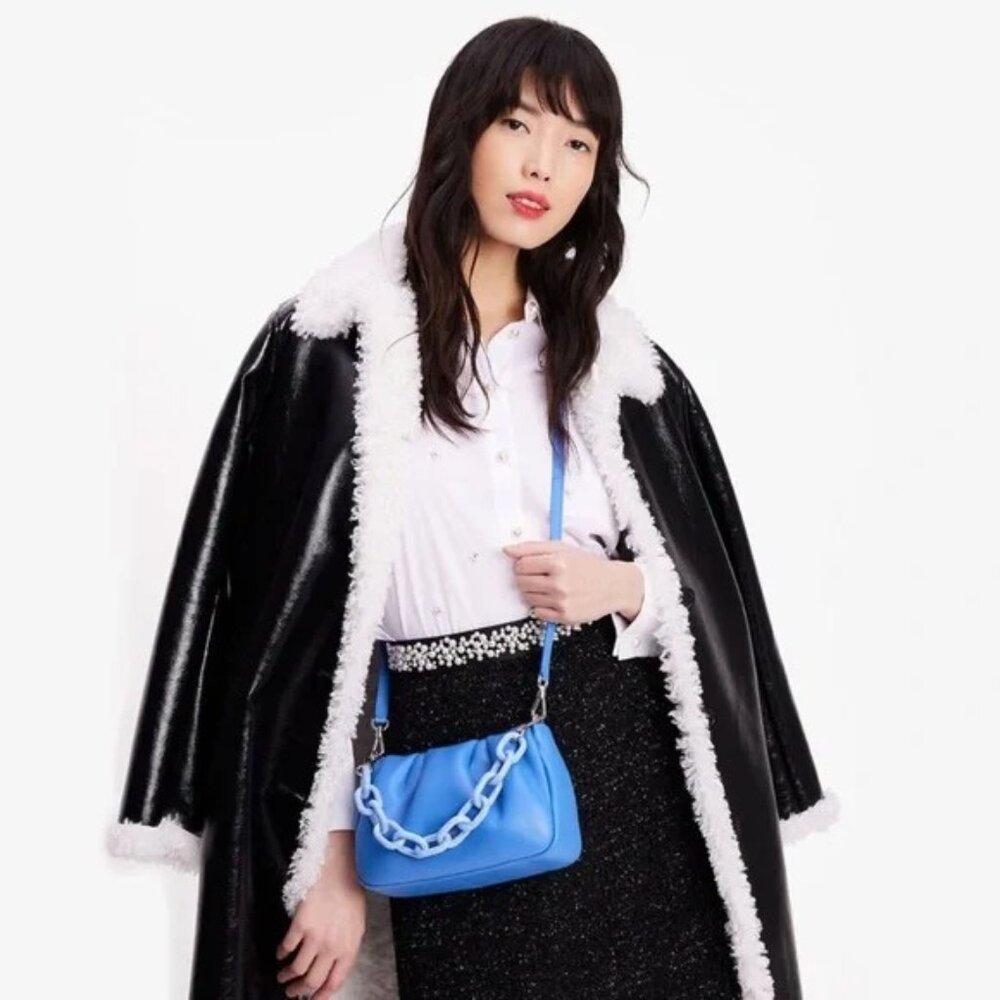 NEW Kate Spade Souffle Smooth Leather Crossbody Bag Chain Link Strap Blue NWT